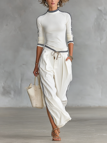 Mock Neck Raglan Sleeve Top Striped Fitted Trouser Set