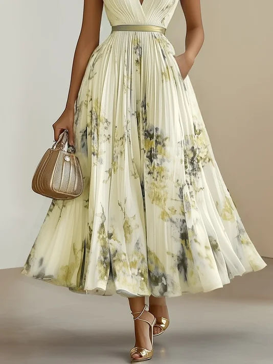 Deep V Neck Pleated Printed Dress