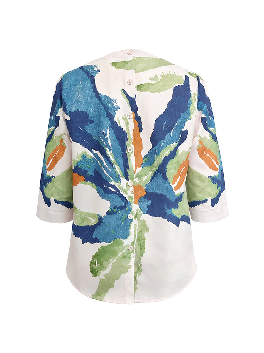 Abstract Watercolor Button Back Round Neck Top