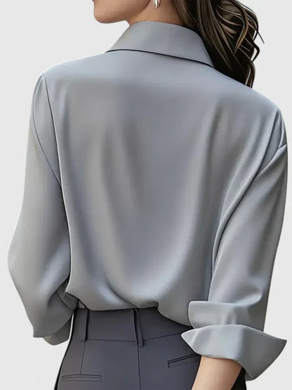 Solid Relaxed Collared Long Cuffed Buttoned Blouse