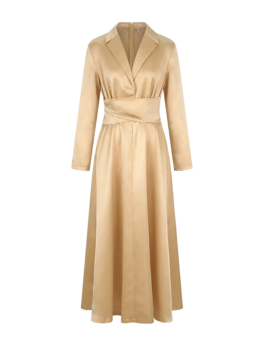Lapel Neck Crisscross Satin A Line Maxi Dress