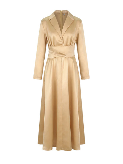 Lapel Neck Crisscross Satin A Line Maxi Dress