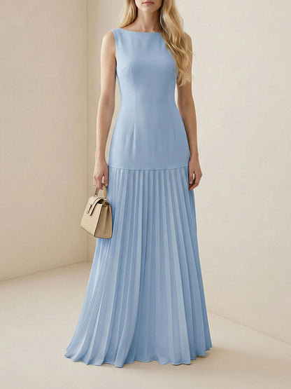 Pleated Sleeveless Boat Neck Maxi Drop Waist Dress