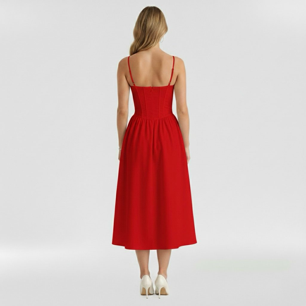 Corset Structured Sleeveless Paneled Gathered Midi Dress