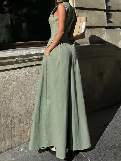 Sleeveless Zippered Pleated Maxi Fitted Flared Jumpsuit