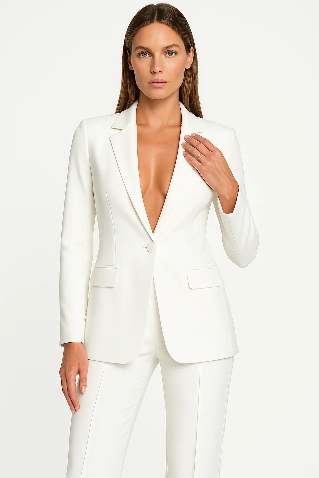 Deep V Neck Single Button Blazer and Pants Set