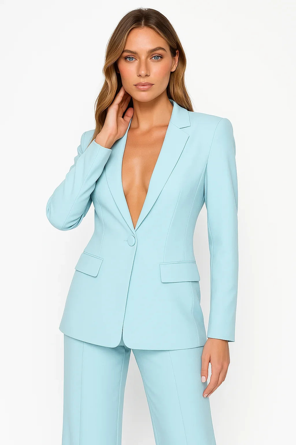 Deep V Neck Single Button Blazer and Pants Set