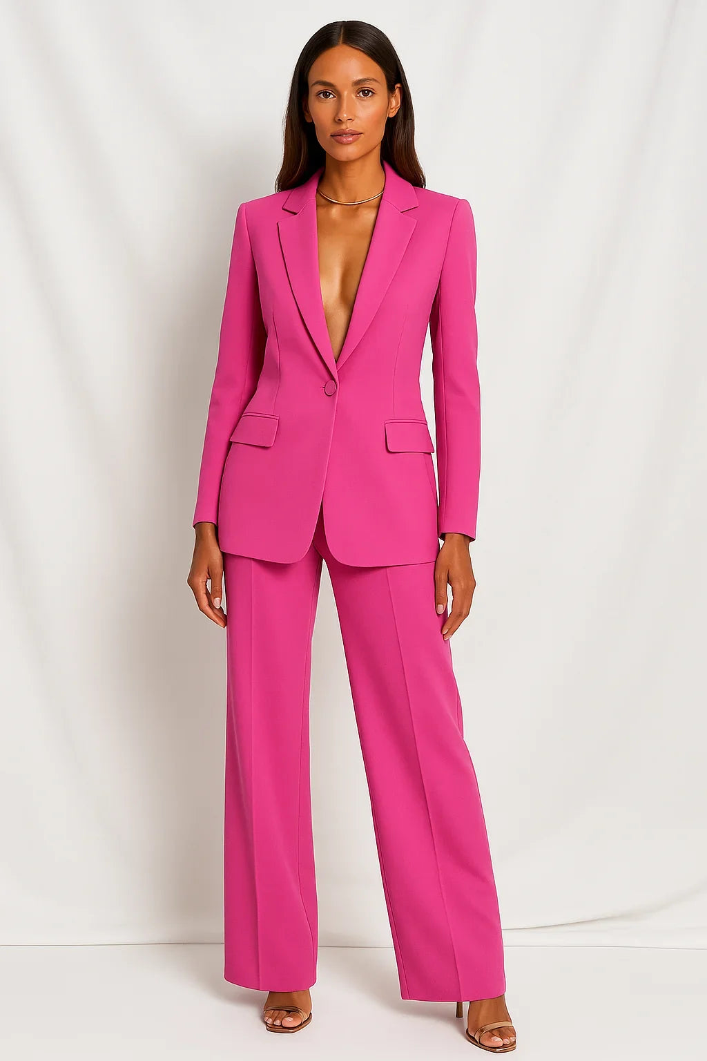 Deep V Neck Single Button Blazer and Pants Set