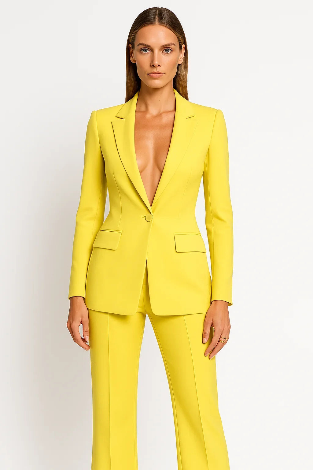 Deep V Neck Single Button Blazer and Pants Set