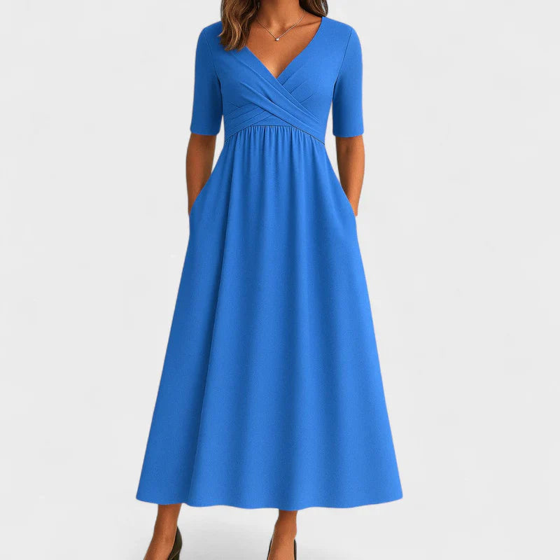 V-Neck Pocketed Midi Dress
