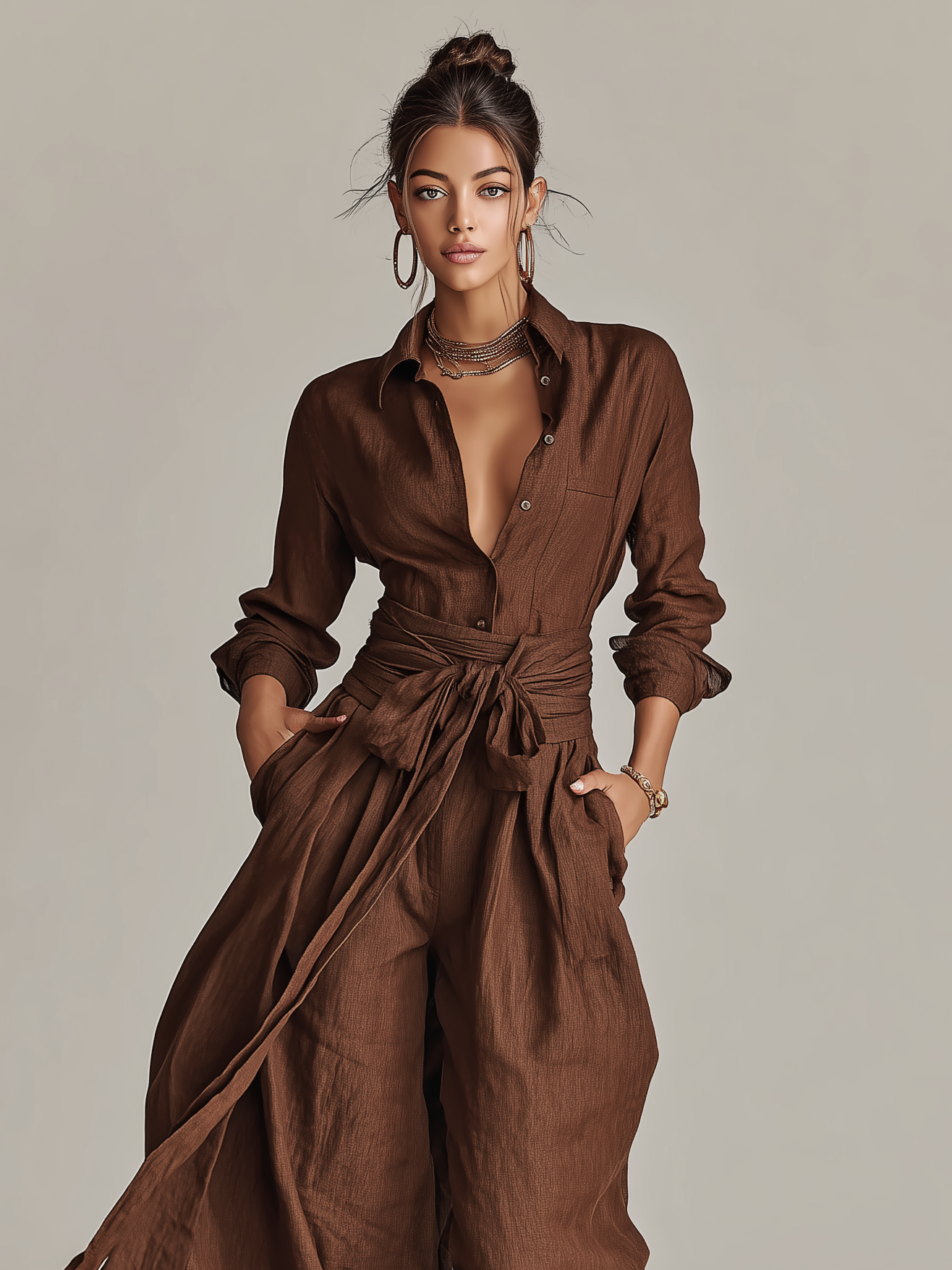 Cuffed Sleeve Floor Length Overlay Jumpsuit
