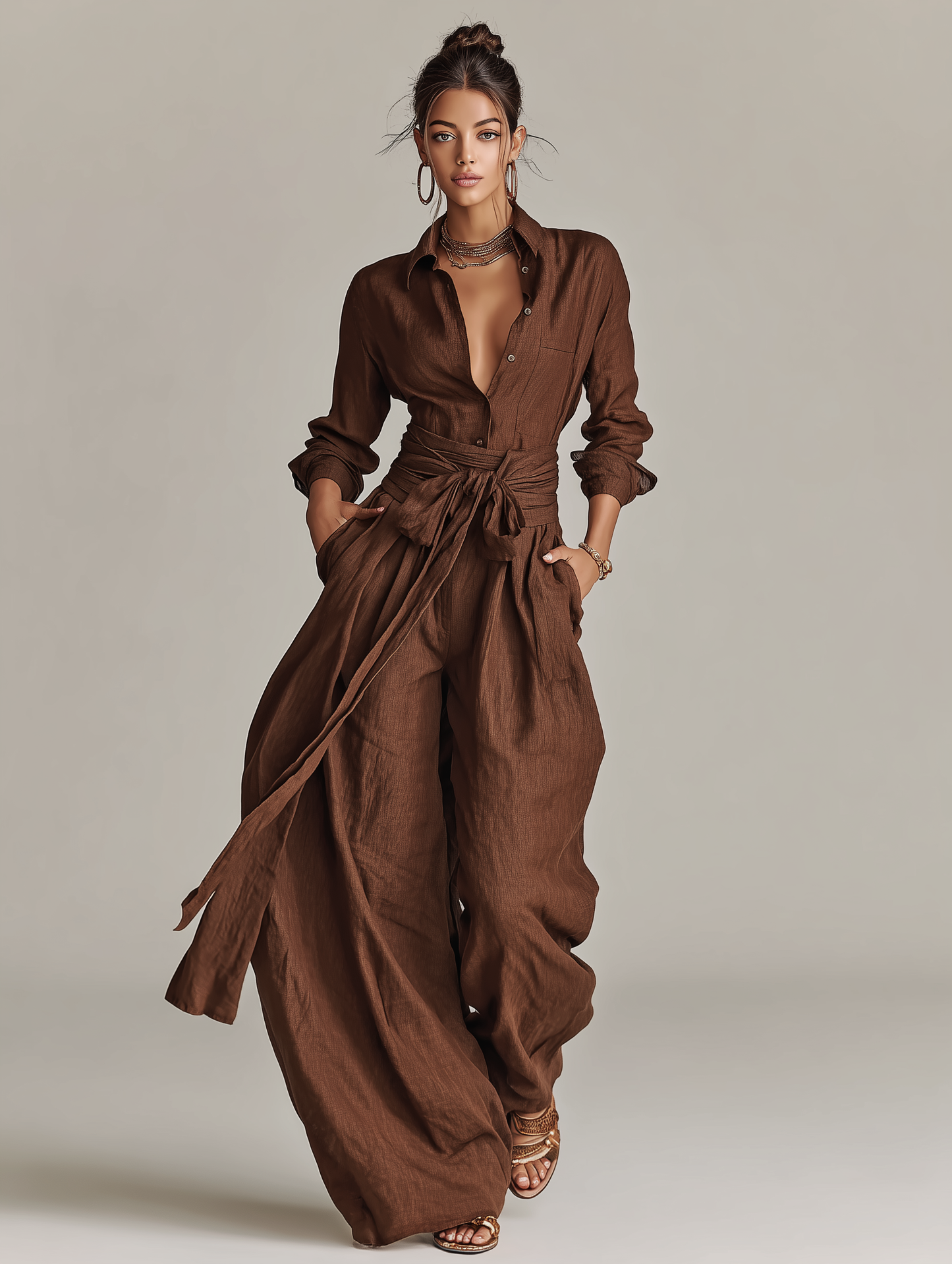 Cuffed Sleeve Floor Length Overlay Jumpsuit