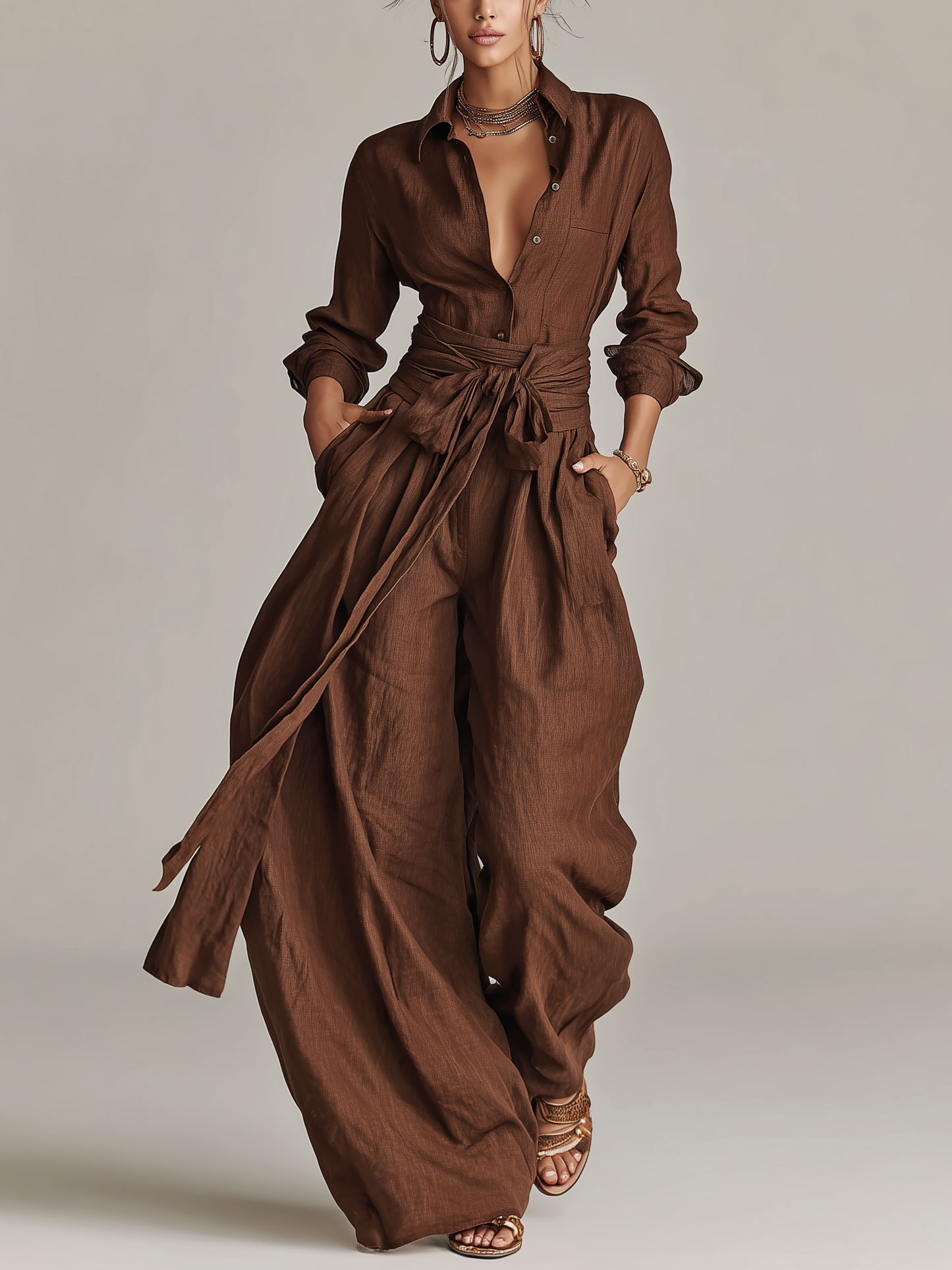 Cuffed Sleeve Floor Length Overlay Jumpsuit