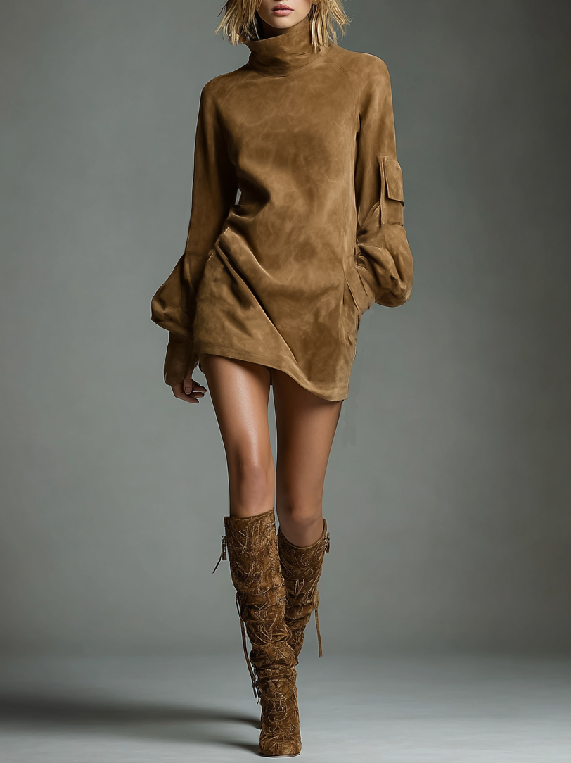 High Neck Raglan Sleeve Pocketed Mini Dress