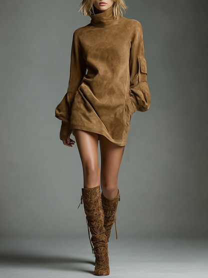 High Neck Raglan Sleeve Pocketed Mini Dress