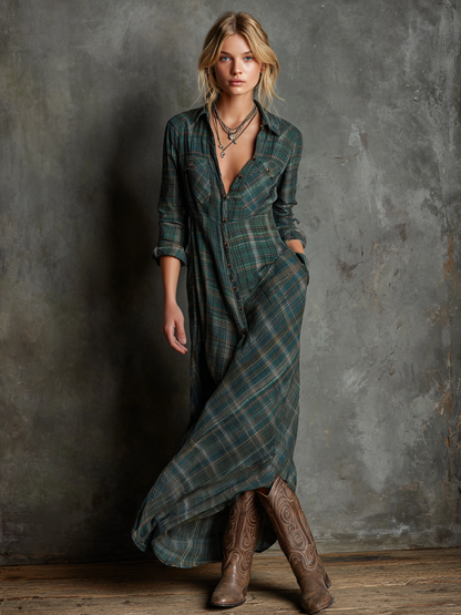 Plaid Collar Button Long Pocket Flared Dress