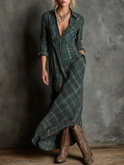 Plaid Collar Button Long Pocket Flared Dress