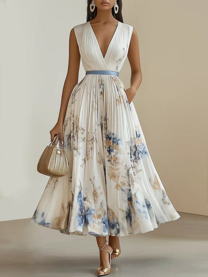 Deep V Neck Pleated Printed Dress