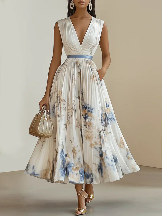 Deep V Neck Pleated Printed Dress