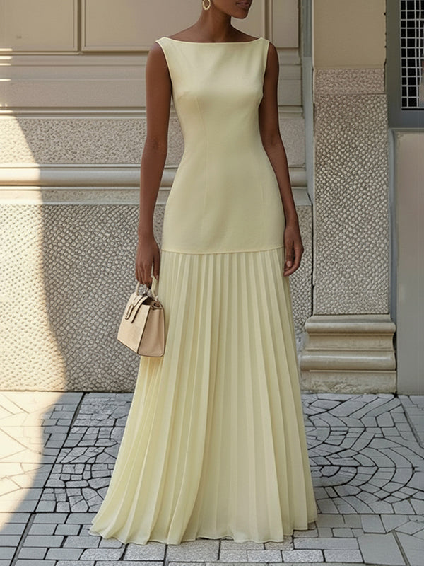 Pleated Sleeveless Boat Neck Maxi Drop Waist Dress