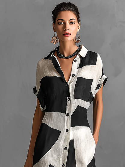 Short Sleeve Graphic Patterned Slit Hem Dress