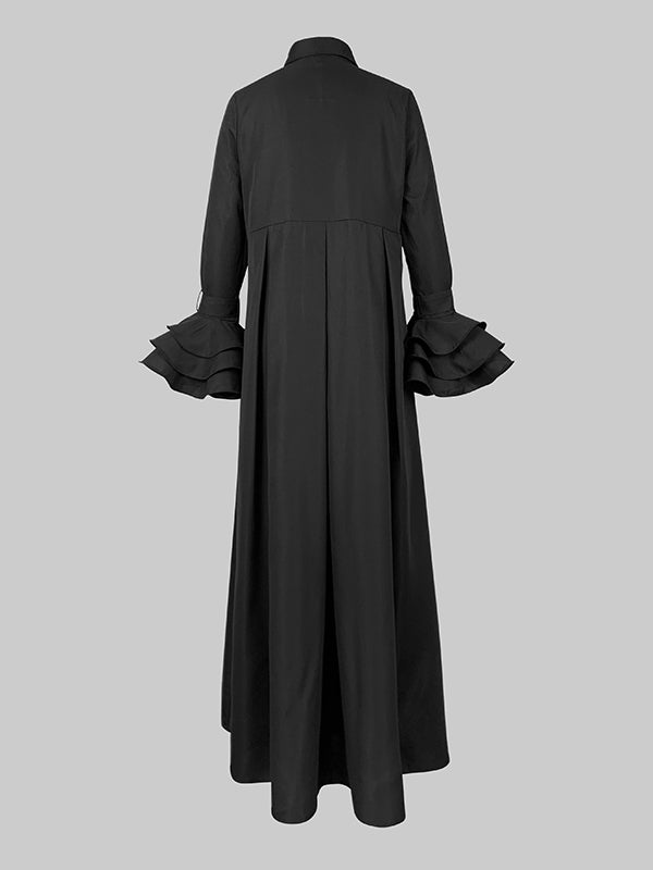 Collared Ruffled Pleated Maxi Loose Flared Dress