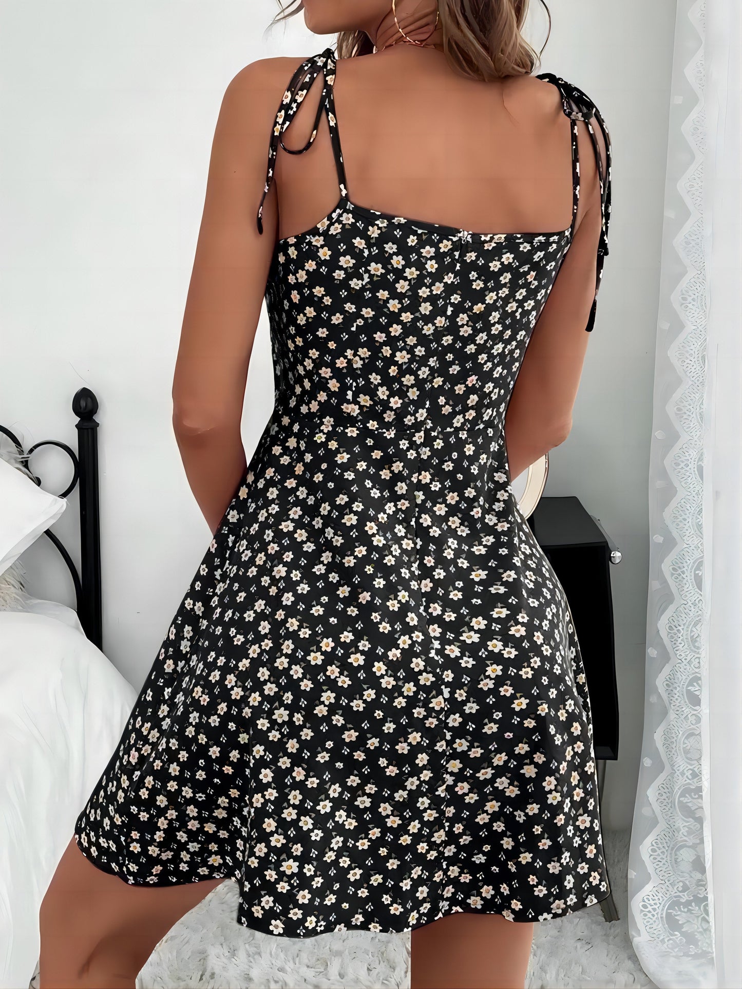 Floral Tied Ruched Fitted Flared Dress