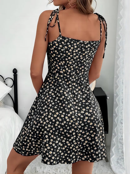 Floral Tied Ruched Fitted Flared Dress