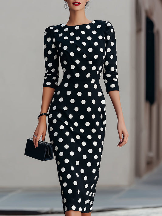 Polka Dot Three Quarter Sleeve Fitted Sheath Dress