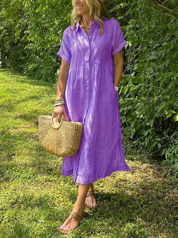 Striped Collared Buttoned Short Sleeved Dress