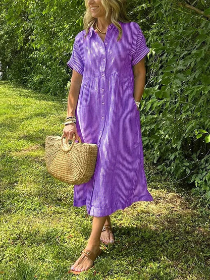 Striped Collared Buttoned Short Sleeved Dress