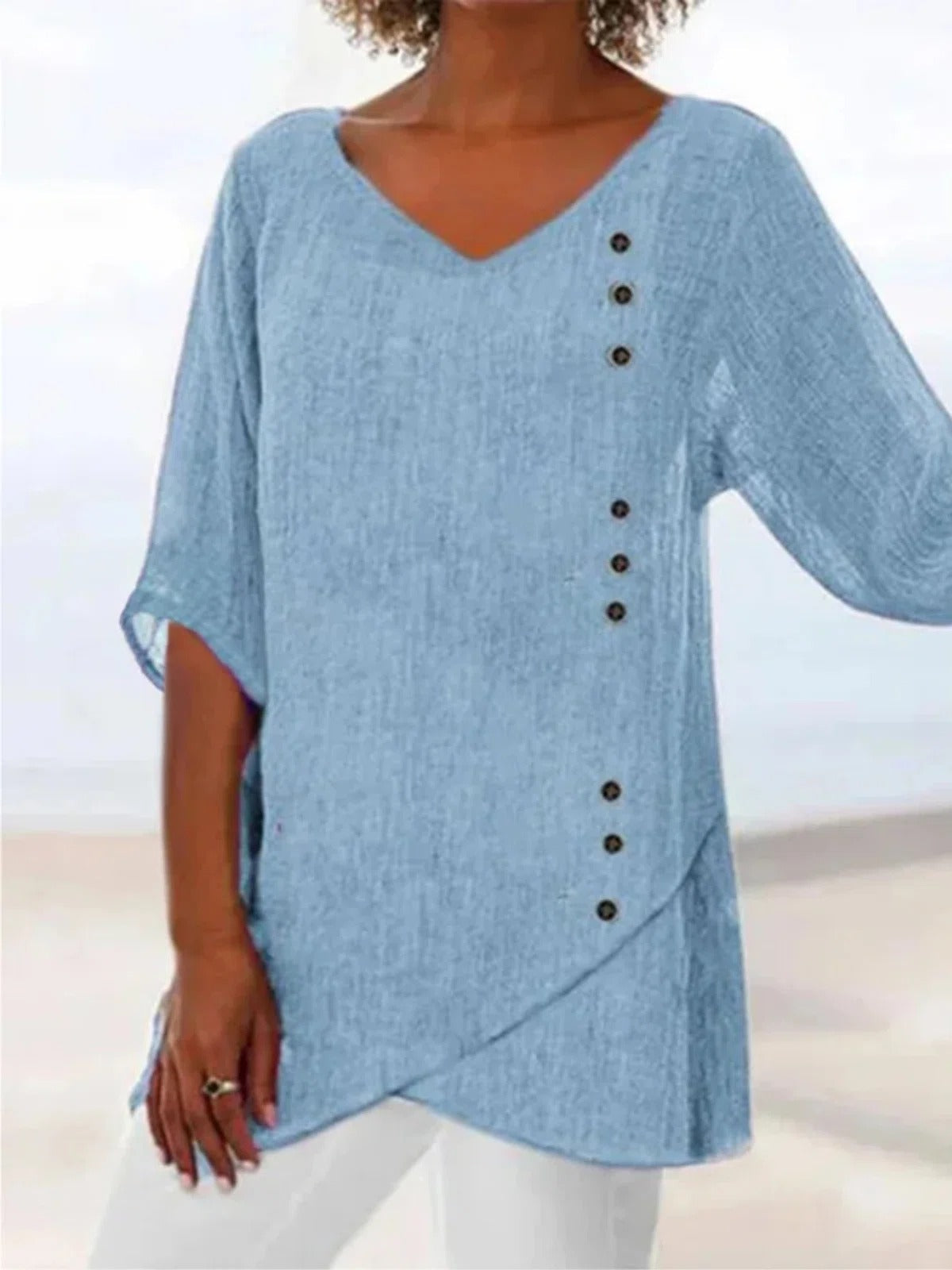 Asymmetrical Overlapping Buttoned Wide Long Blouse