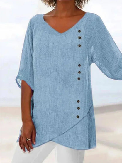 Asymmetrical Overlapping Buttoned Wide Long Blouse