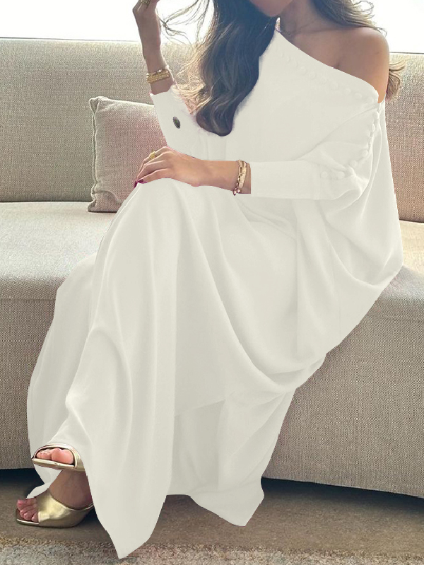 Button Trim Asymmetric Off Shoulder Slit Maxi Dress
