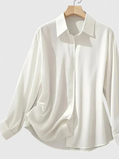 Solid Relaxed Collared Long Cuffed Buttoned Blouse