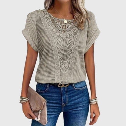 Textured Perforated Geometric Rolled Sleeved Relaxed Top