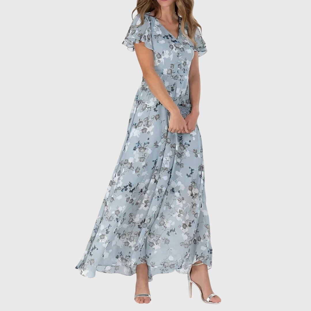Flutter Sleeve V Neck Floral Print High Waist Dress Maxi