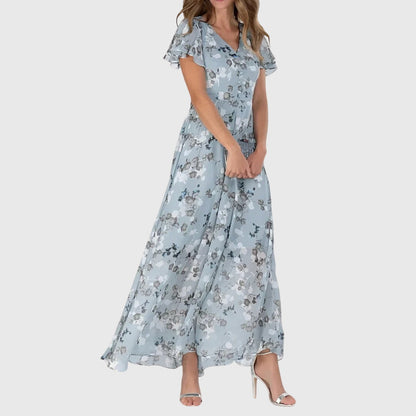 Flutter Sleeve V Neck Floral Print High Waist Dress Maxi