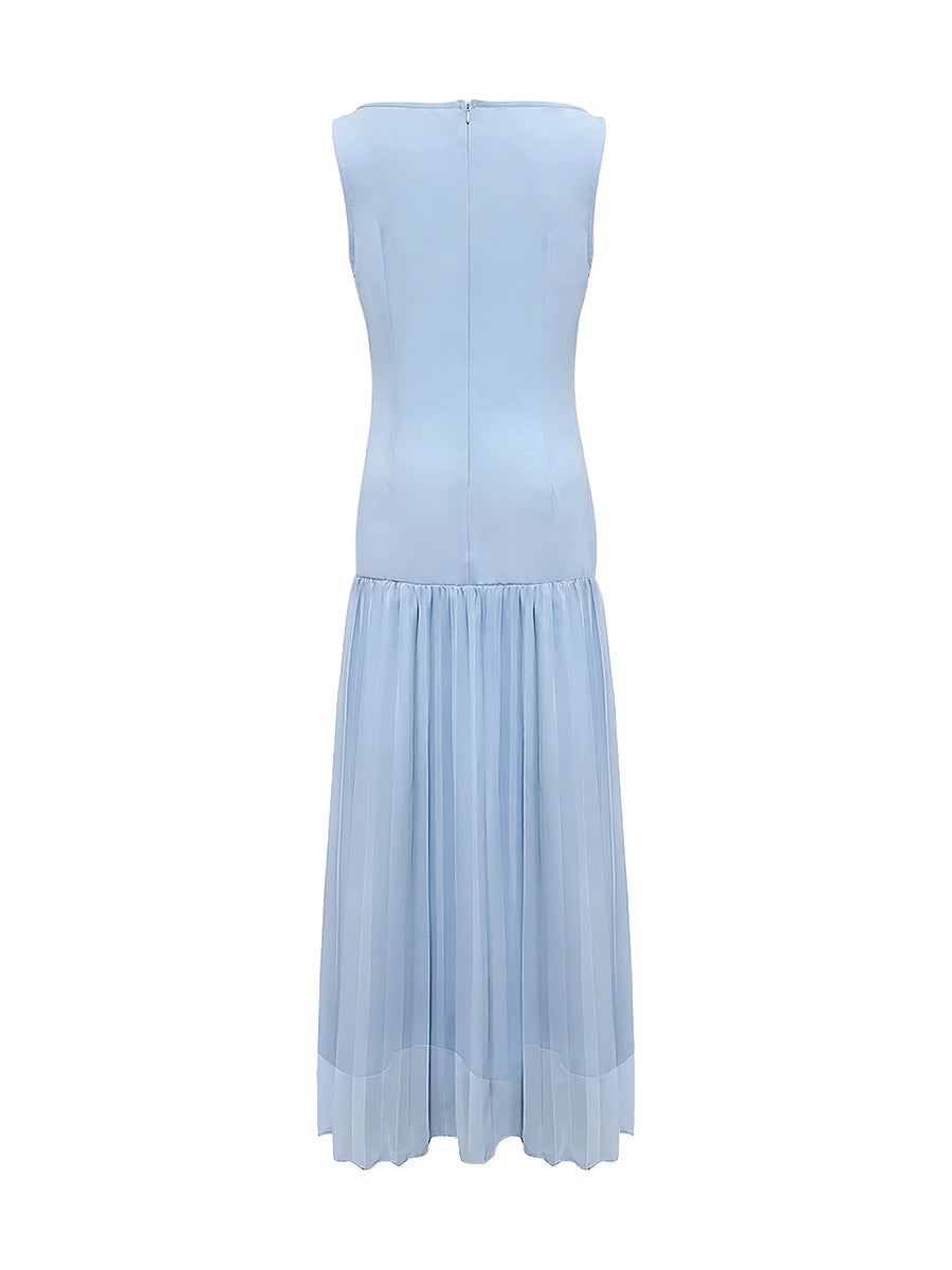 Pleated Sleeveless Boat Neck Maxi Drop Waist Dress