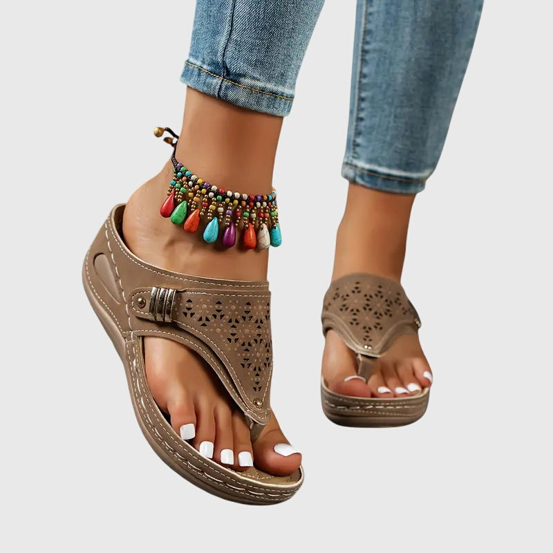 Open Toe Perforated Wedge Slip On Sandals