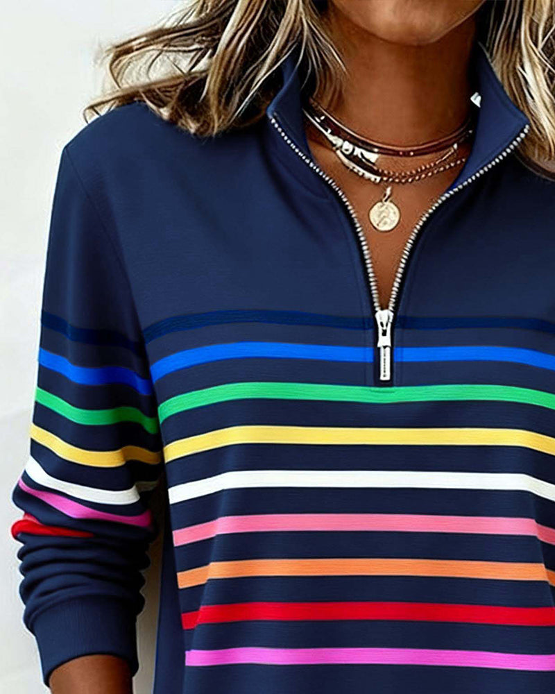 Women's Polo Collar Half Zip Striped Sweatshirt