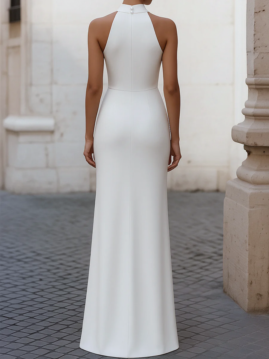 Halter Neck Fitted Pleated Longline Dress