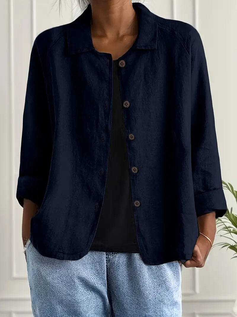 Collared Button Down Three Quarter Sleeve Blouse
