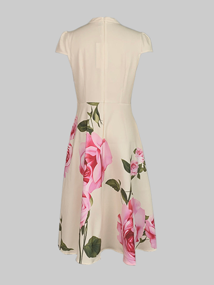 Short Sleeves Skinny Flower Print Stand Collar Midi Dress