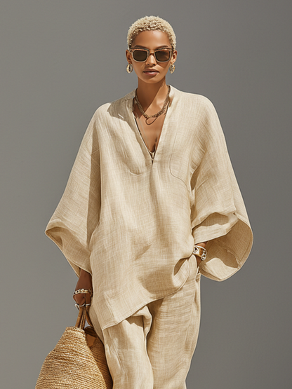 Loose Oversized Notched Wide Tapered Gathered Set