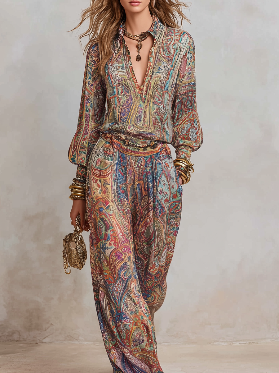 Paisley Printed Long Sleeve Top Pant Set