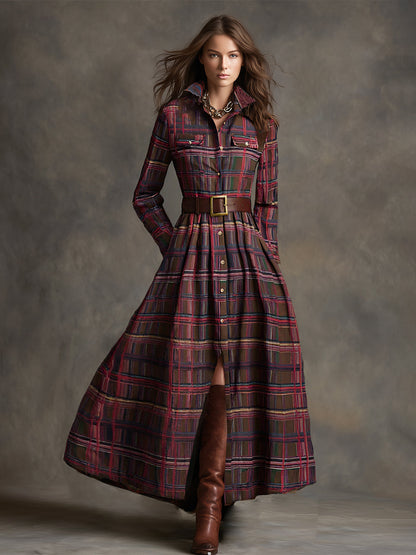 Collared Long Sleeved Plaid Pocketed Maxi Dress