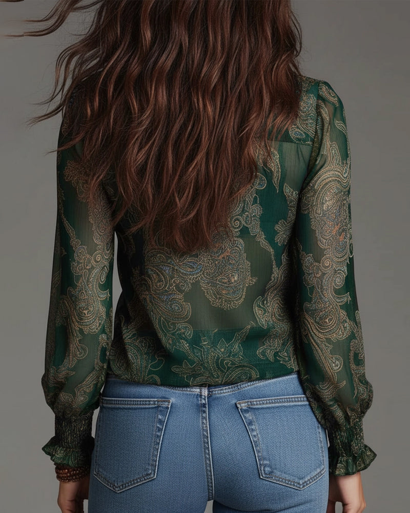 Women's V-Neck Ruffle Sleeve Paisley Print Blouse