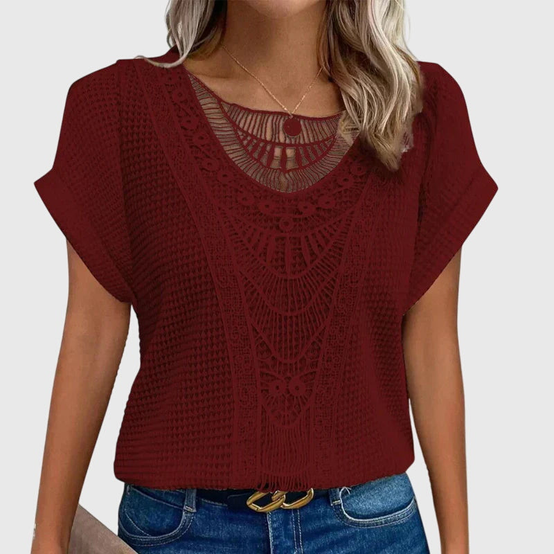 Textured Perforated Geometric Rolled Sleeved Relaxed Top