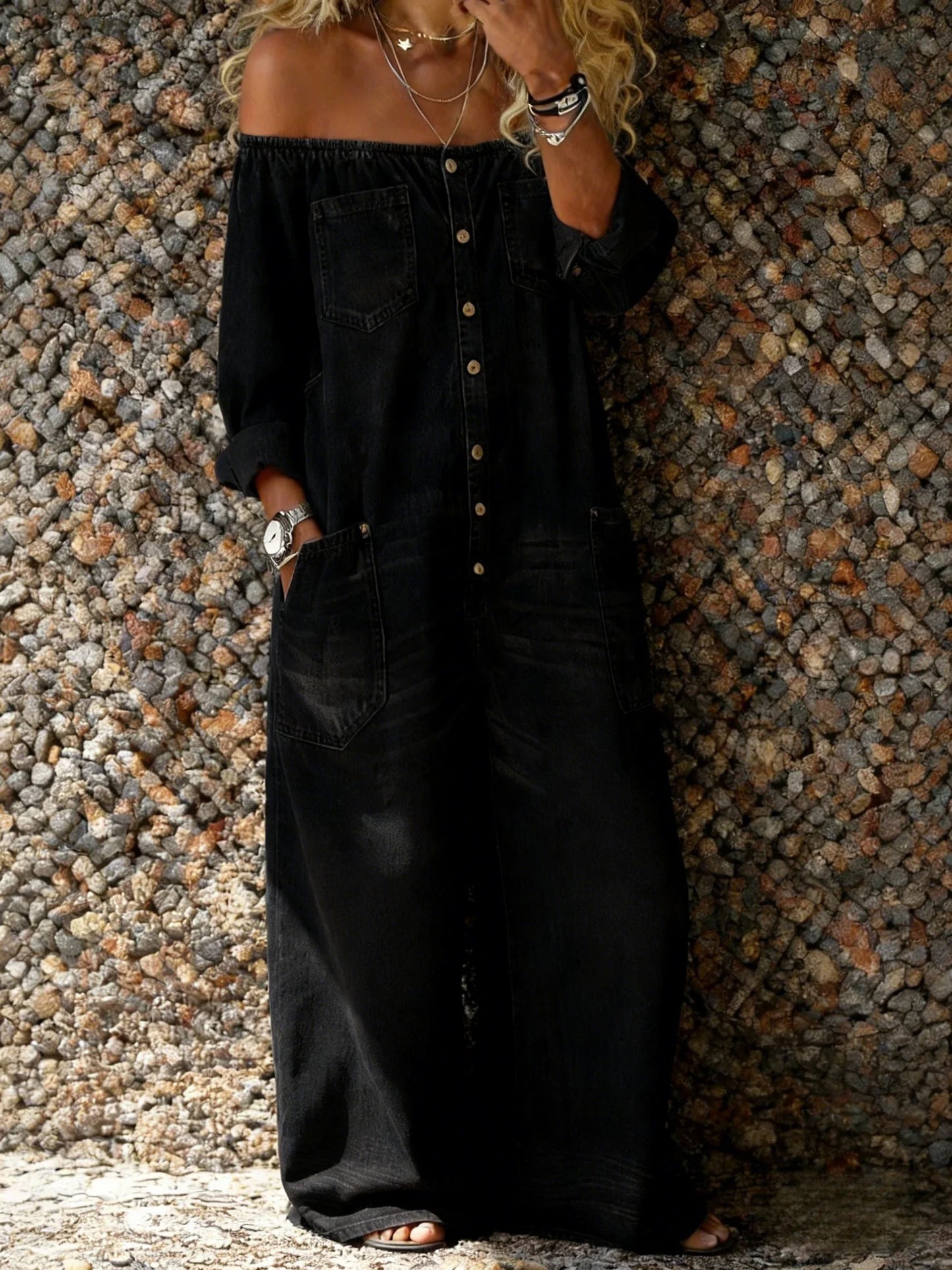 Off Shoulder Button Front Multi Pocket Jumpsuit